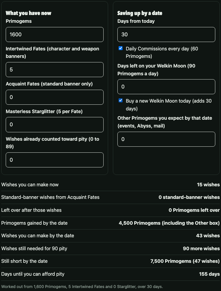 Screenshot of the Primogems calculator after saving for 30 days with commissions and a new Welkin Moon