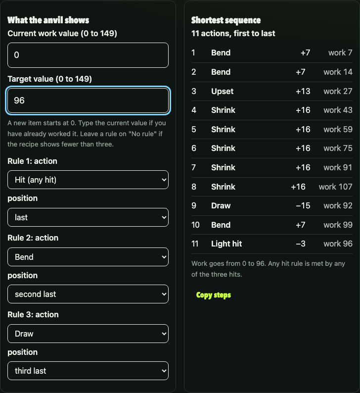 Screenshot of the TerraFirmaCraft forging calculator on this page with target 96 and three end rules filled in